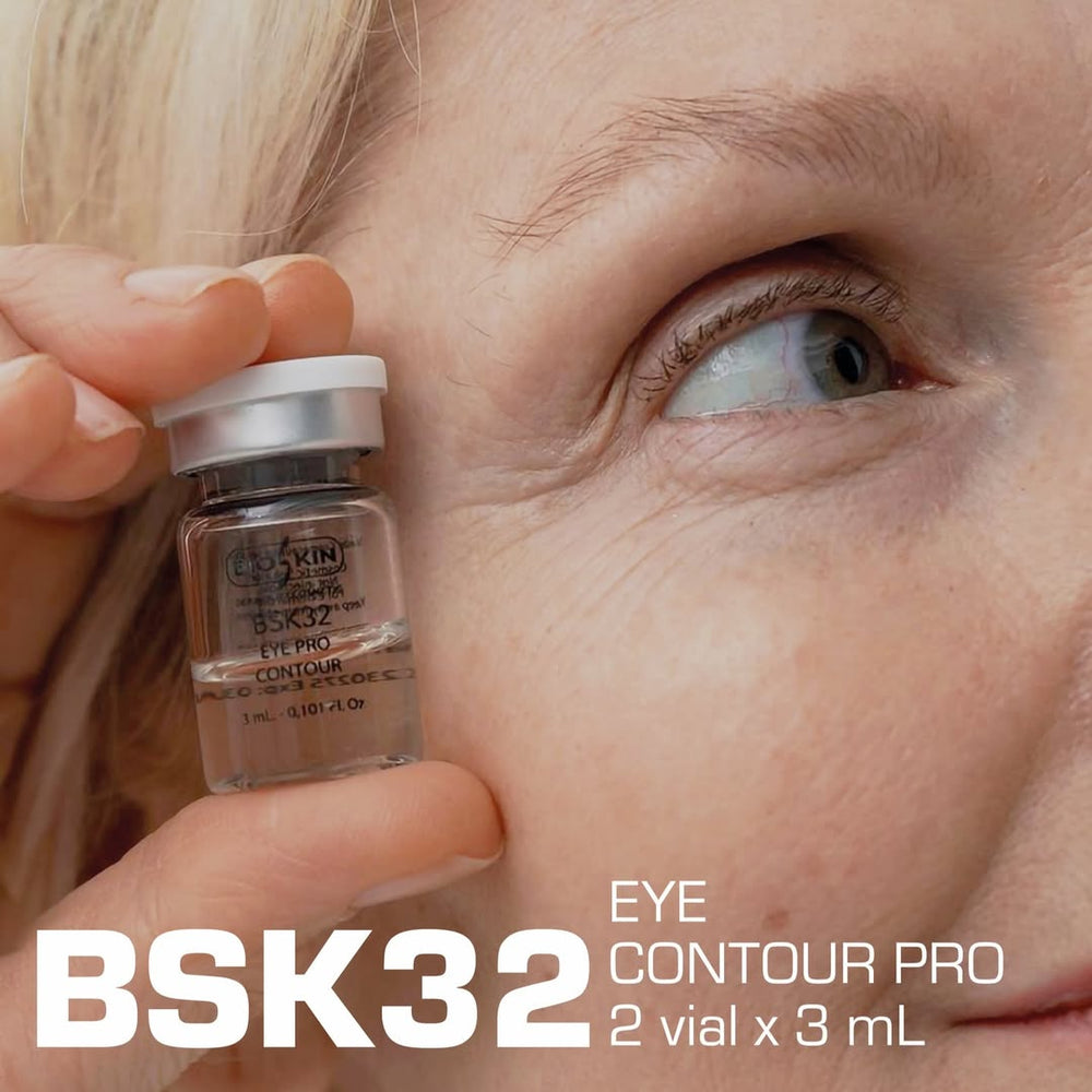 BSK32 Eye Contour Pro serum vial held near eye, 3mL anti-aging eye care treatment