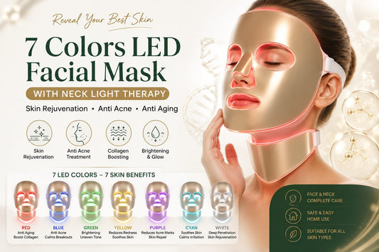 7 Colors LED Facial Mask with neck light therapy in Pakistan - LED light therapy for acne, anti-aging and skin rejuvenation by Aura Aesthetics Care