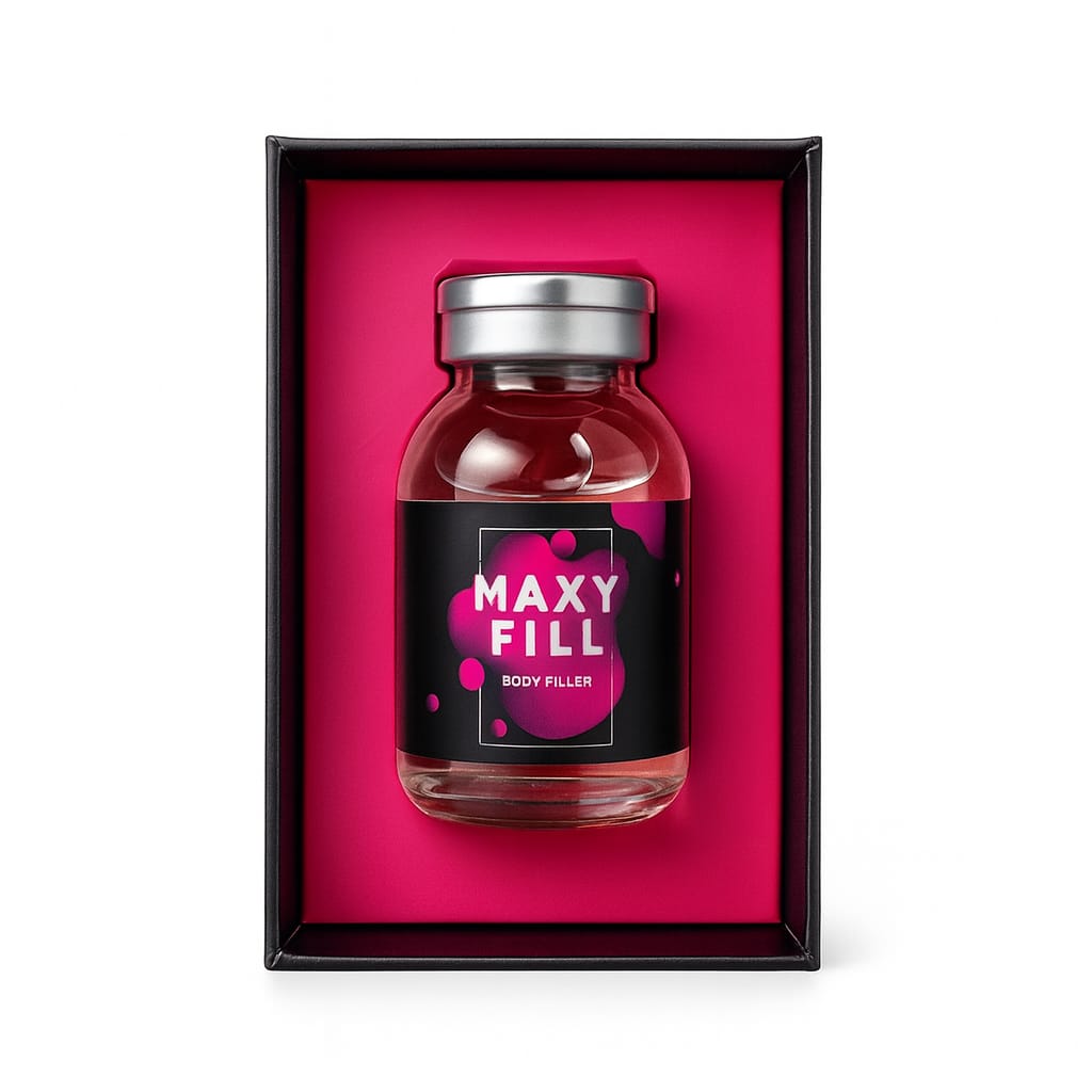 Maxy Fill Body Filler in sleek glass vial with pink accents, presented in luxury black gift box
