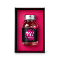 Maxy Fill Body Filler in sleek glass vial with pink accents, presented in luxury black gift box