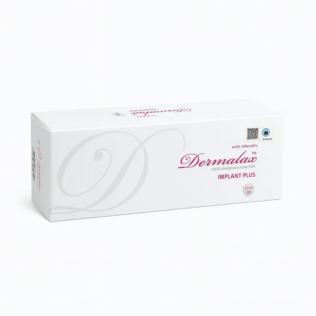 Dermalax Implant Plus with lidocaine, aesthetic dermal filler in white packaging for facial rejuvenation