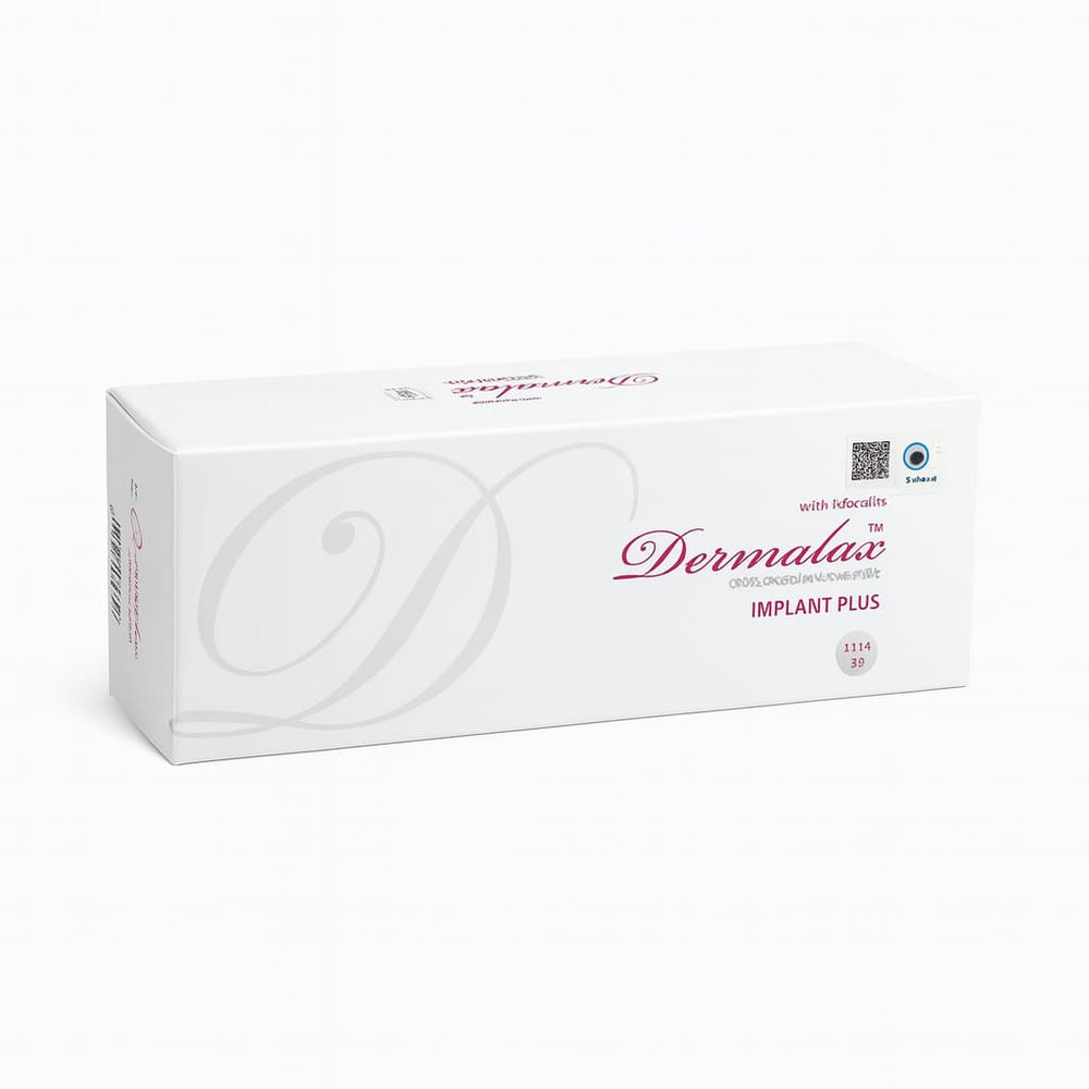 Dermalax Implant Plus with lidocaine, aesthetic dermal filler in white packaging for facial rejuvenation