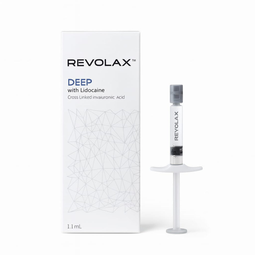 Revolax Deep with Lidocaine 1.1mL syringe and box, cross-linked hyaluronic acid dermal filler for aesthetic care