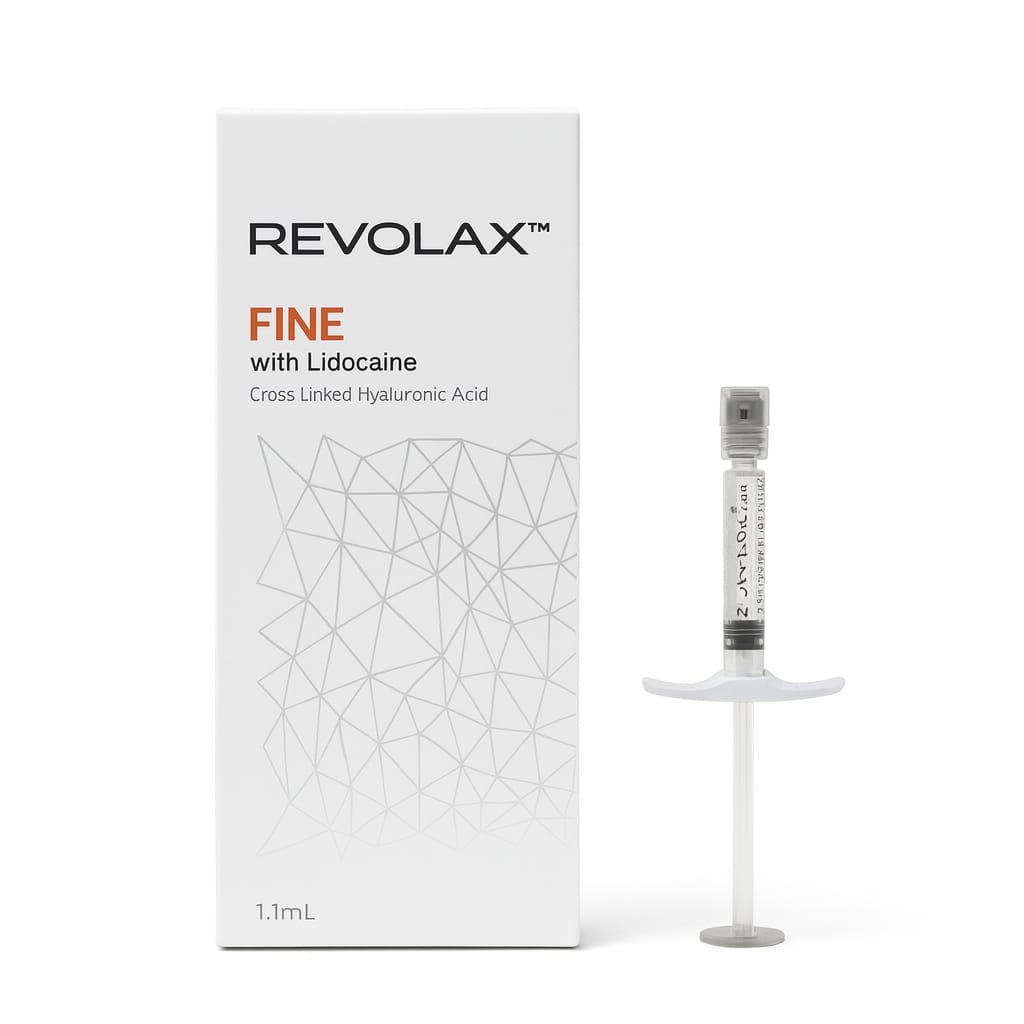 Revolax Fine with Lidocaine hyaluronic acid dermal filler syringe and packaging for aesthetic treatments