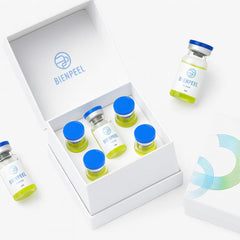 Bienpeel skincare vials with blue caps in white box, aesthetic care treatment set