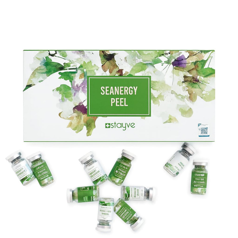 SeaNergy Peel skincare ampoules with green botanical packaging, ideal for aesthetic care routines